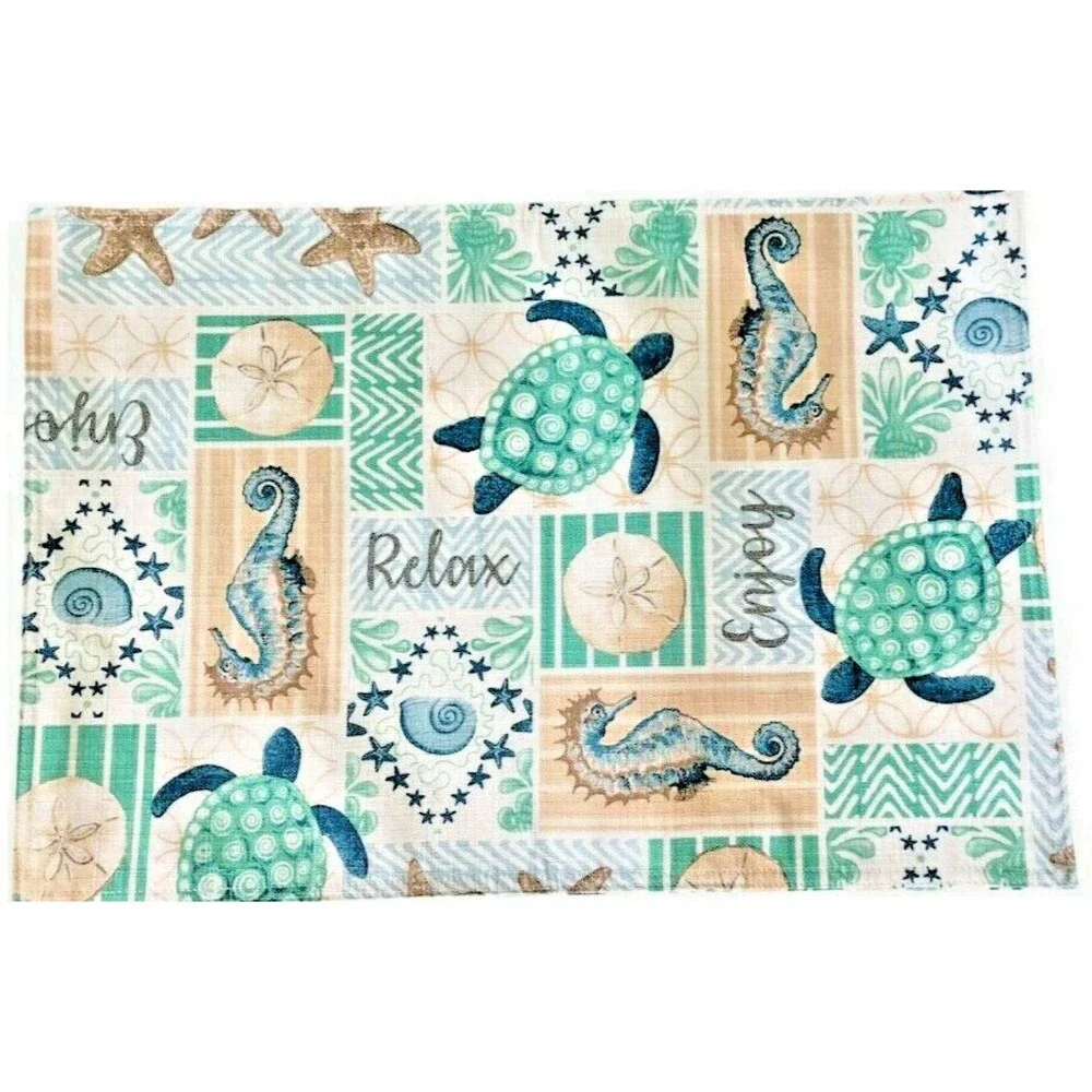 Sea Turtle Fabric Placemats Set of 4 Seahorse Shell Sand Dollar Beach Coastal